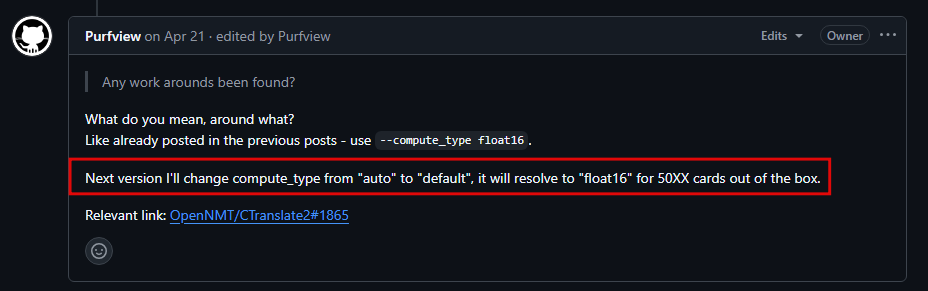 faster-whisper RTX 50XX GPU compute type 호환성 이슈 GitHub 댓글 스크린샷