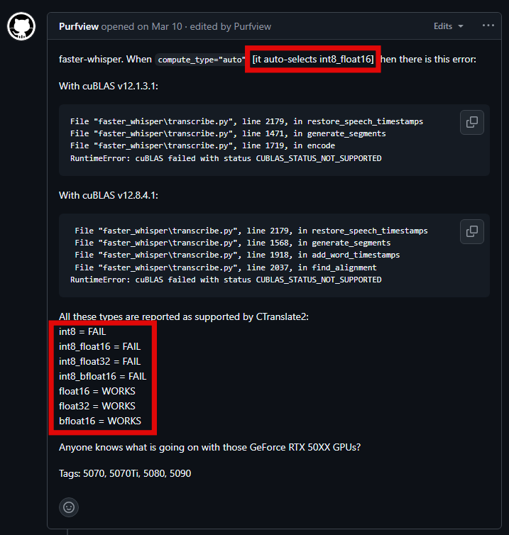 GitHub faster-whisper CUDA 호환성 이슈 토론글 스크린샷